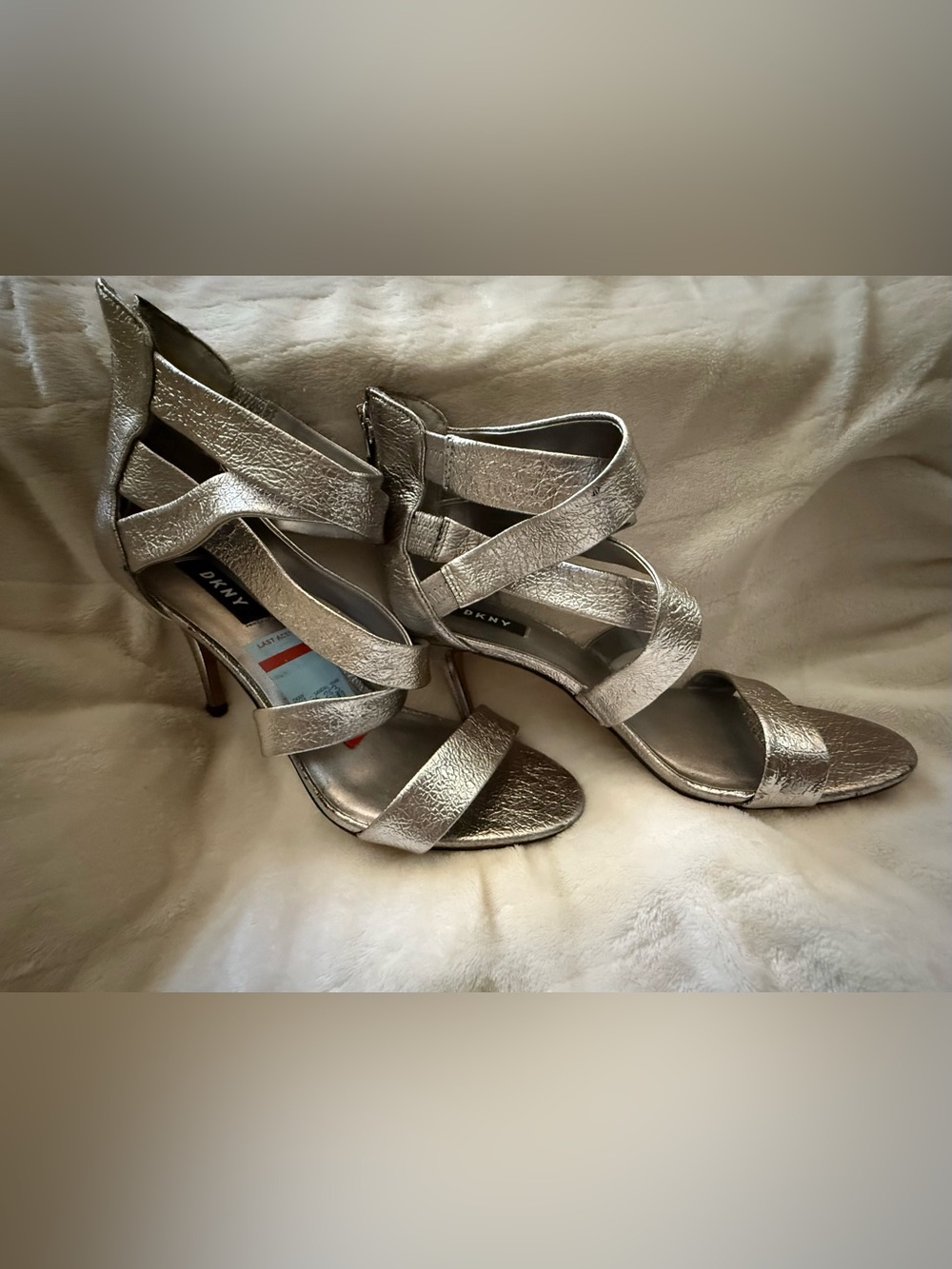 DKNY Metallic Silver Crisscross Strap Heels